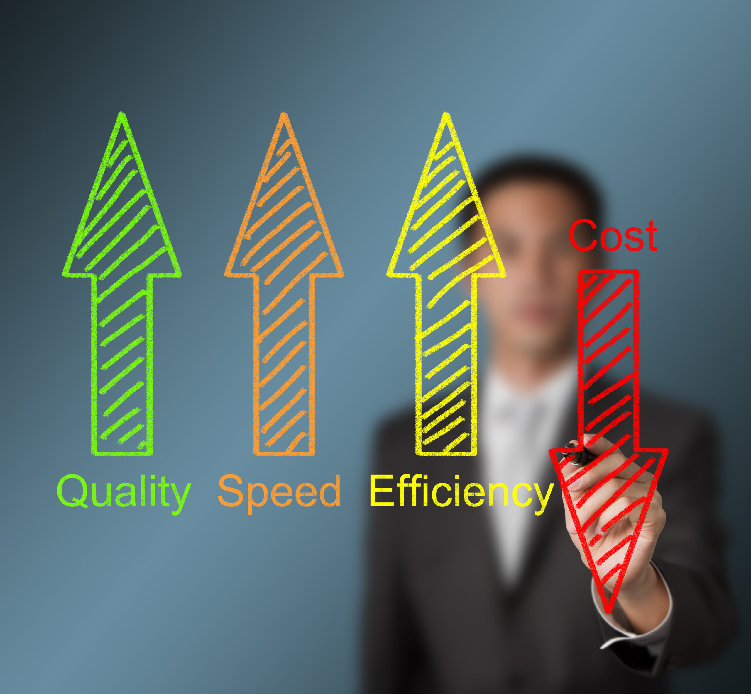 Cost-savings-business-man-writing-industrial-product-and-service-improvement-concept-of-increased-quality-speed-efficiency-and-reduced-co